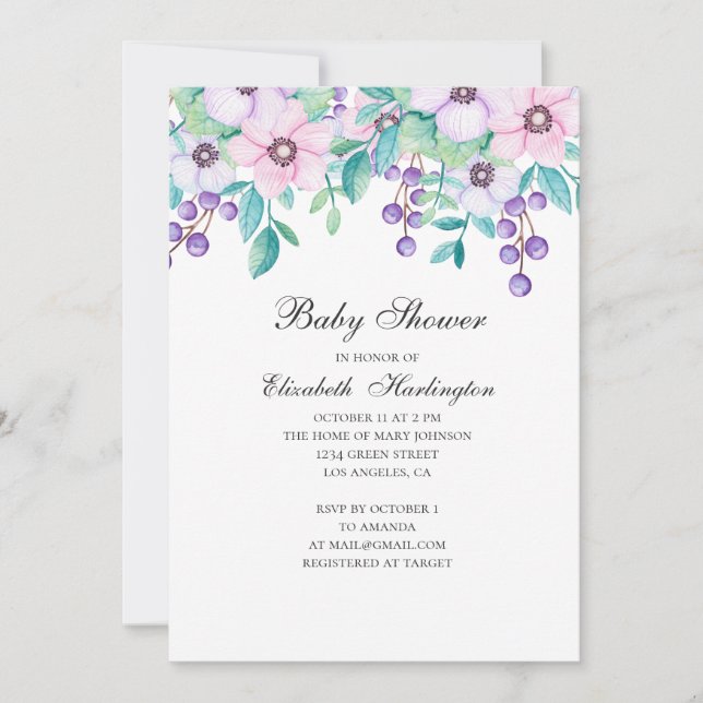 Watercolor purple and pink floral baby shower invitation (Front)