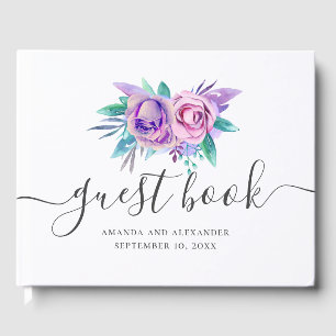 Watercolor purple and pink floral script wedding guest book
