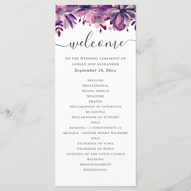 Watercolor purple and pink floral script wedding programme (Front)