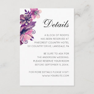Watercolor purple and pink floral wedding details enclosure card