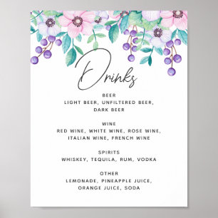 Watercolor purple and pink floral wedding drinks poster