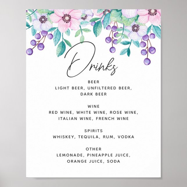 Watercolor purple and pink floral wedding drinks poster (Front)