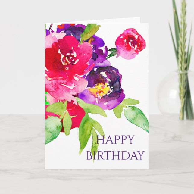 Watercolor Purple And Pink Flowers Bouquet Card (Front)