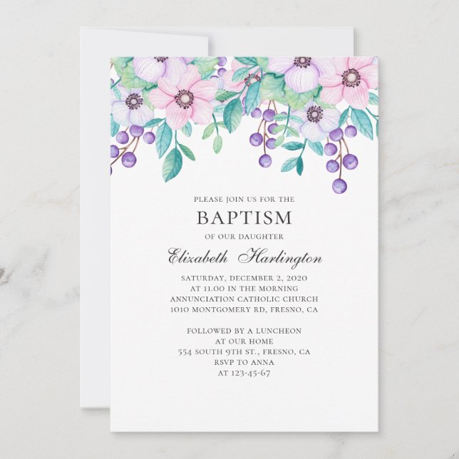 Watercolor purple and pink flowers. Floral baptism Invitation (Front)
