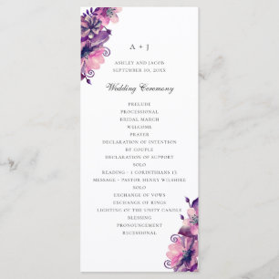 Watercolor purple and pink flowers. Floral wedding Programme