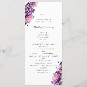 Watercolor purple and pink flowers. Floral wedding Programme
