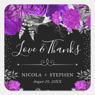Watercolor Purple and Silver Flowers Wedding Square Sticker