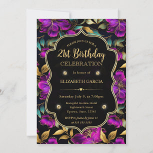 Watercolor Purple and Teal Flowers 21st Birthday Invitation