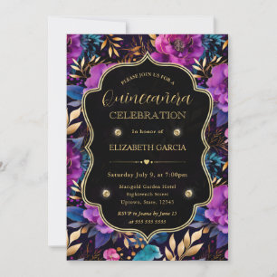 Watercolor Purple and Teal Flowers Quinceanera Invitation
