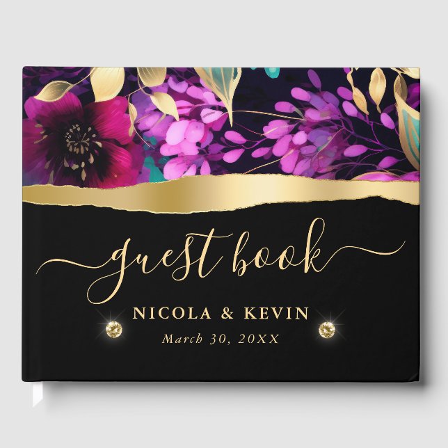 Watercolor Purple and Teal Flowers Wedding  Guest Book (Front)