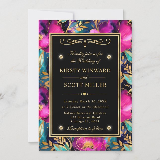 Watercolor Purple and Teal Flowers Wedding Invitation (Front)
