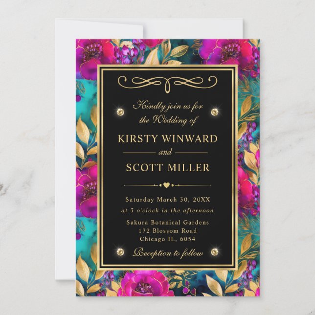 Watercolor Purple and Teal Flowers Wedding Invitation (Front)