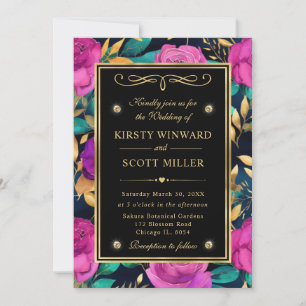 Watercolor Purple and Teal Flowers Wedding Invitation