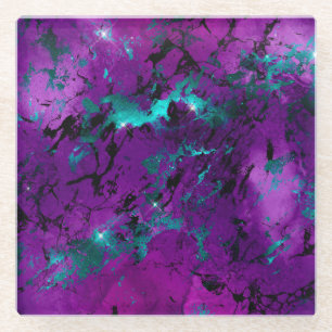 Watercolor Purple and Teal Marble Galaxy Glass Coaster