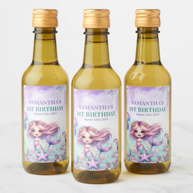 Watercolor purple and teal mermaid 1st birthday wine label (Bottles)