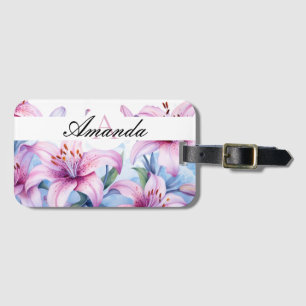 Watercolor Purple and White Lily Pattern Monogram Luggage Tag
