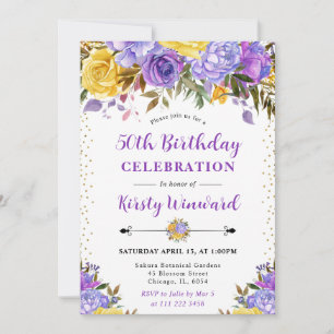 Watercolor Purple and Yellow Flowers 50th Birthday Invitation