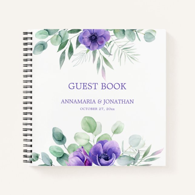 Watercolor Purple Anemones Floral Guest Book (Front)