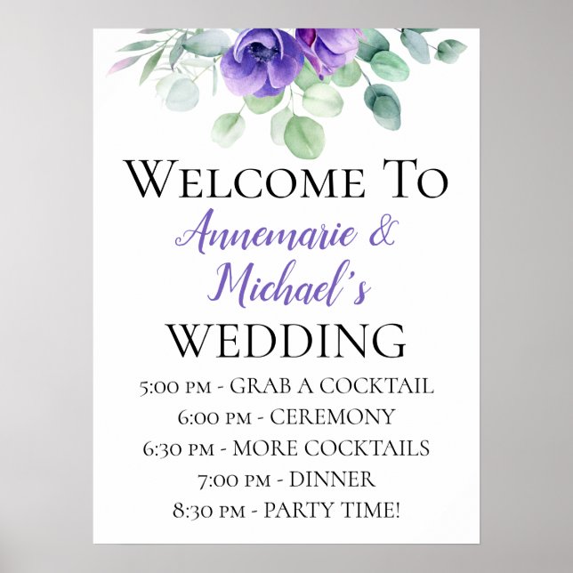Watercolor Purple Anemones Wedding Welcome Poster (Front)