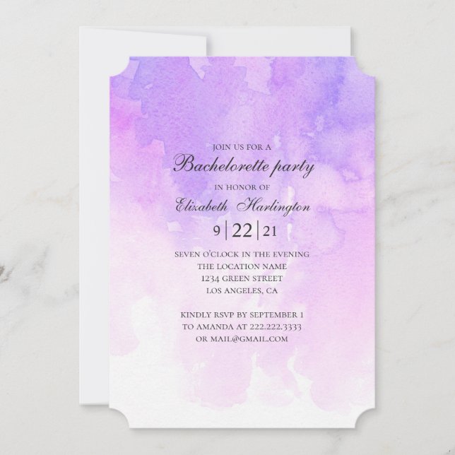 Watercolor purple bachelorette party. Lavender Invitation (Front)