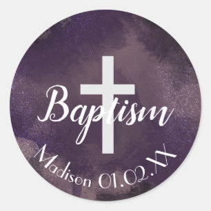 Watercolor Purple Baptism Cross Child's Name Classic Round Sticker