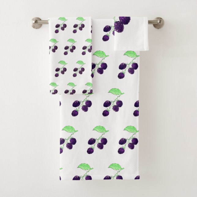 Watercolor Purple Blackberry Botanical Bath Towel Set (Insitu)