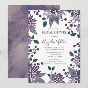 Watercolor Purple Bling Floral Frame Bridal Shower Invitation