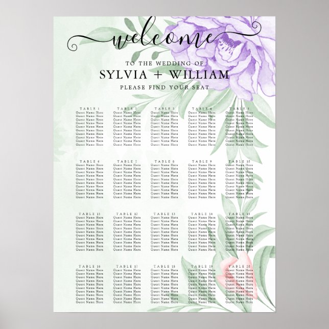 Watercolor Purple Blooms Bouquet Wedding Seating Poster (Front)