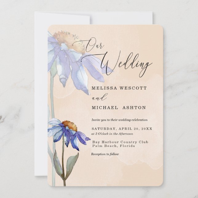 Watercolor Purple Blue Daisy Peach Rustic Wedding Invitation (Front)