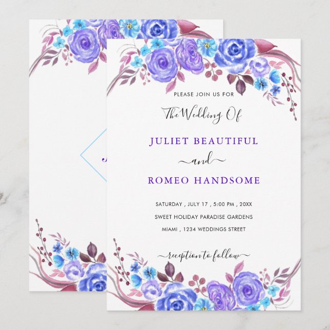 Watercolor Purple Blue Floral Wedding Invitation (Front/Back)