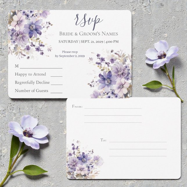 Watercolor Purple & Blue Floral Wedding RSVP Invitation (Creator Uploaded)