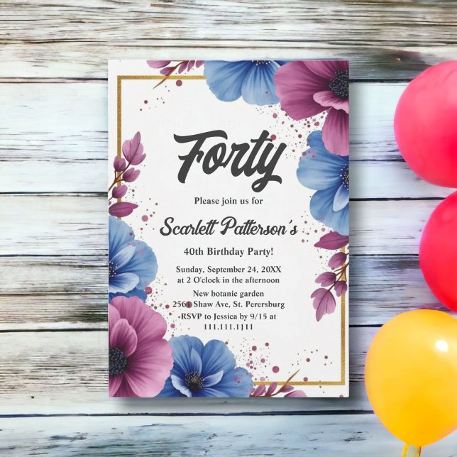 Watercolor Purple Blue Flowers Elegant Birthday Invitation (Creator Uploaded)