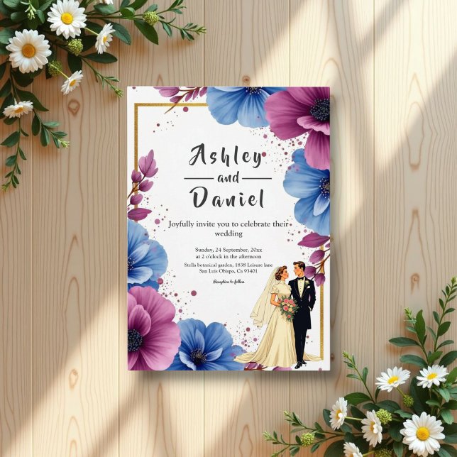 Watercolor Purple Blue Flowers Elegant Wedding Invitation (Creator Uploaded)