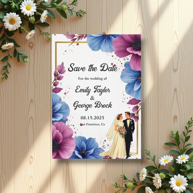 Watercolor Purple Blue Flowers Elegant Wedding Save The Date (Creator Uploaded)