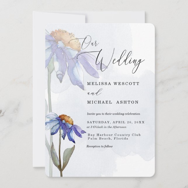 Watercolor Purple Blue Gerbera Daisy Wedding Invitation (Front)