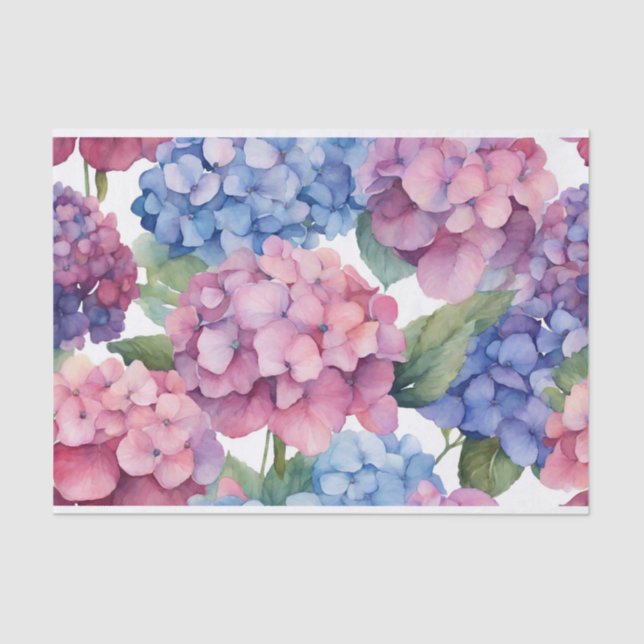 Watercolor Purple, Blue, Pink Hydrangea Flowers  Tissue Paper (Front)