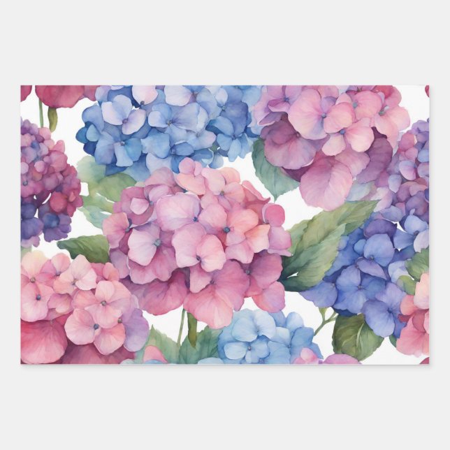 Watercolor Purple, Blue, Pink Hydrangea Flowers  Wrapping Paper Sheet (Front)