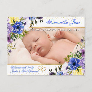 Watercolor Purple & Blue Summer Flowers Baby Birth Announcement Postcard
