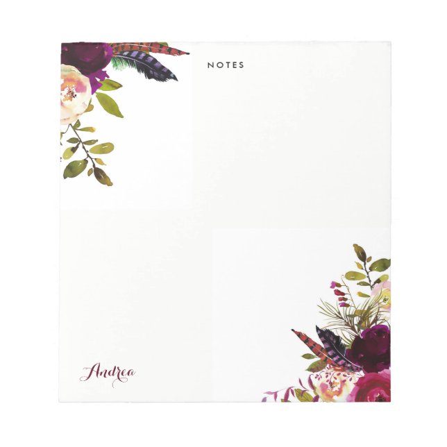 Watercolor Purple Boho Floral Autumn Personalised Notepad (Front)