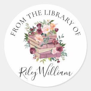 Watercolor Purple Book and Roses Bookplate Sticker