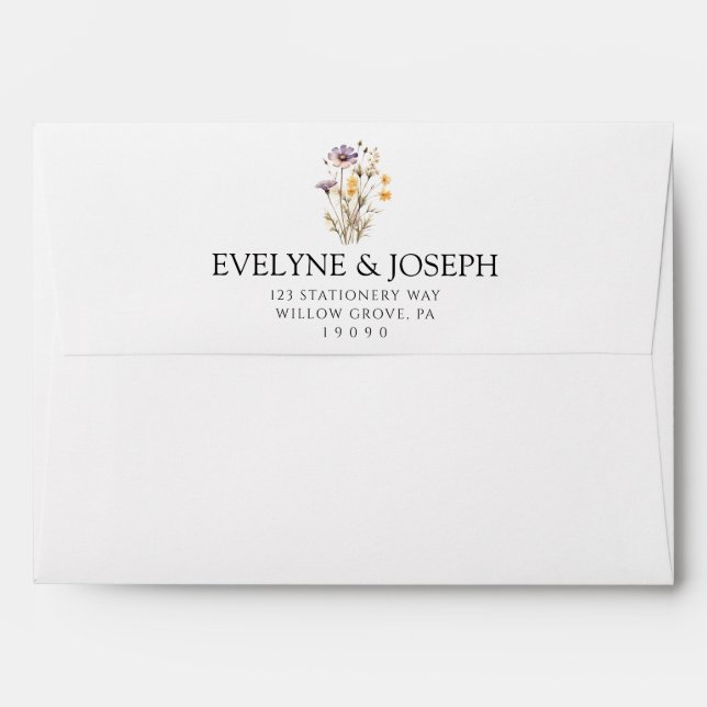 Watercolor Purple Bouquet Wildflowers Boho Wedding Envelope (Back (Top Flap))