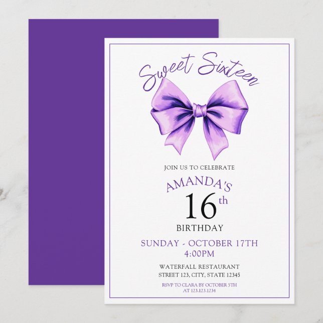 Watercolor Purple Bow Sweet 16 Birthday Invitation (Front/Back)