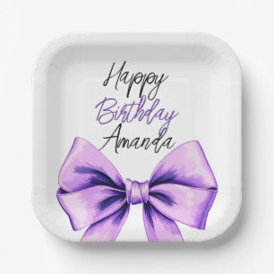 Watercolor Purple Bow Sweet 16 Birthday Paper Plate