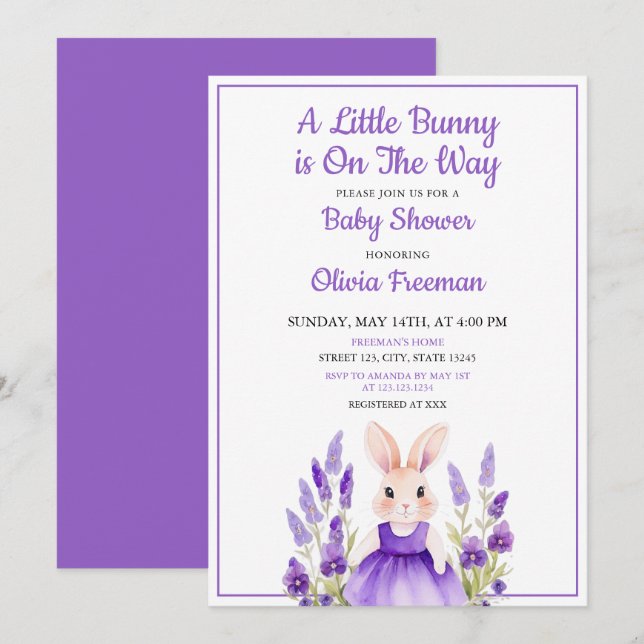Watercolor Purple Bunny Girl Floral Baby Shower Invitation (Front/Back)