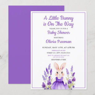 Watercolor Purple Bunny Girl Floral Baby Shower Invitation