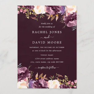 Watercolor Purple Burgundy Floral Wedding Invitation