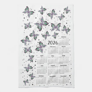 Watercolor Purple Butterflies 2026 Calendar Tea Towel