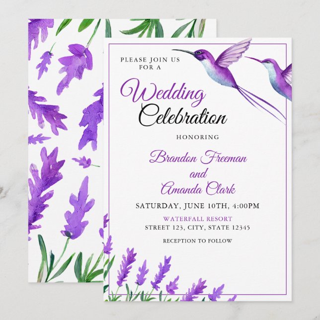 Watercolor Purple Chic Floral Hummingbird Wedding Invitation (Front/Back)