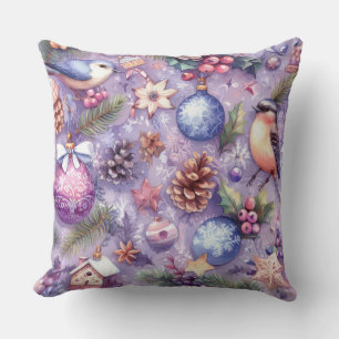 Watercolor Purple Christmas Motifs Holiday Birds Cushion