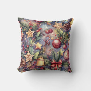Watercolor Purple Christmas Motifs Holiday Cushion
